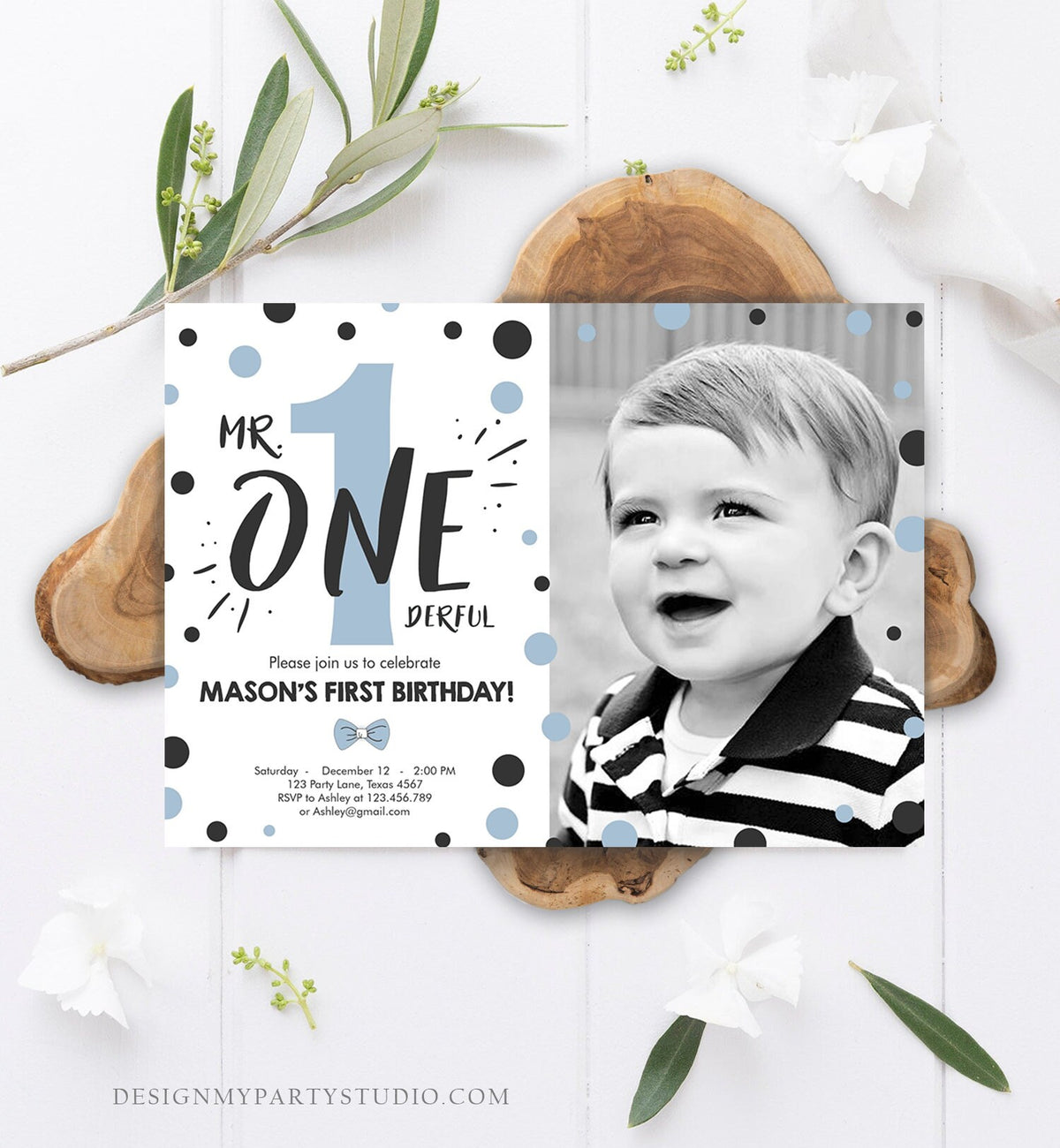 Editable Mr Onederful Birthday Invitation Black and Blue Boy Birthday Bow Tie Confetti 1st Birthday Printable Template Digital Corjl 0072