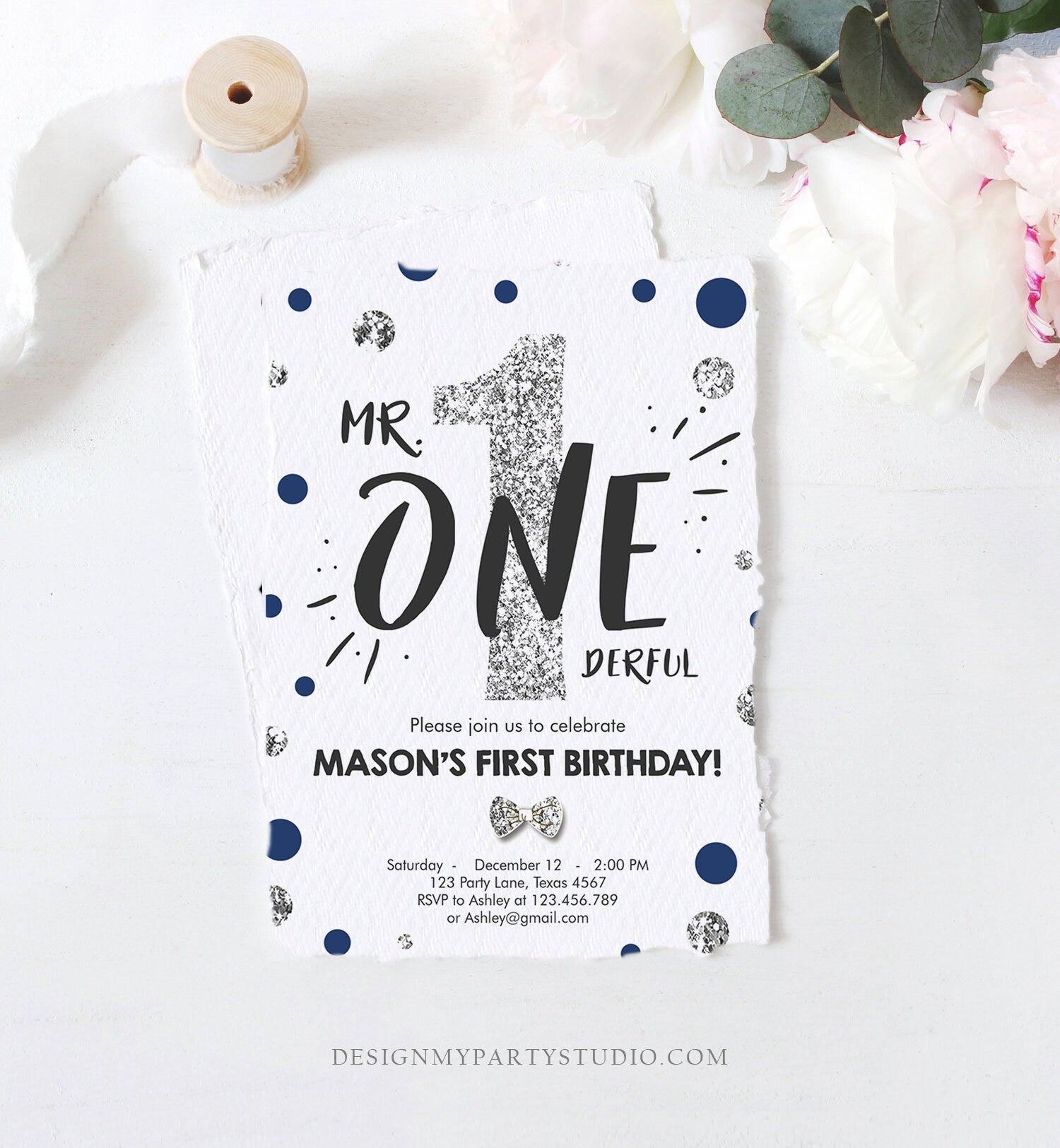 Editable Mr Onederful Birthday Invitation Blue Silver Boy First Birthday Bow Tie Confetti Birthday Download Printable Template Corjl 0072