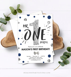 Editable Mr Onederful Birthday Invitation Blue Silver Boy First Birthday Bow Tie Confetti Birthday Download Printable Template Corjl 0072