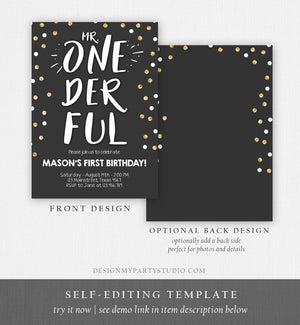 Editable Mr Onederful Birthday Invitation Black and Gold Boy Birthday Bow Tie Confetti 1st Birthday Download Template Digital Corjl 0072