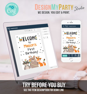 Editable Welcome Sign Tribal Woodland Wild One Birthday Party Welcome Boy First Birthday Tribal Animals Template PRINTABLE Corjl 0061