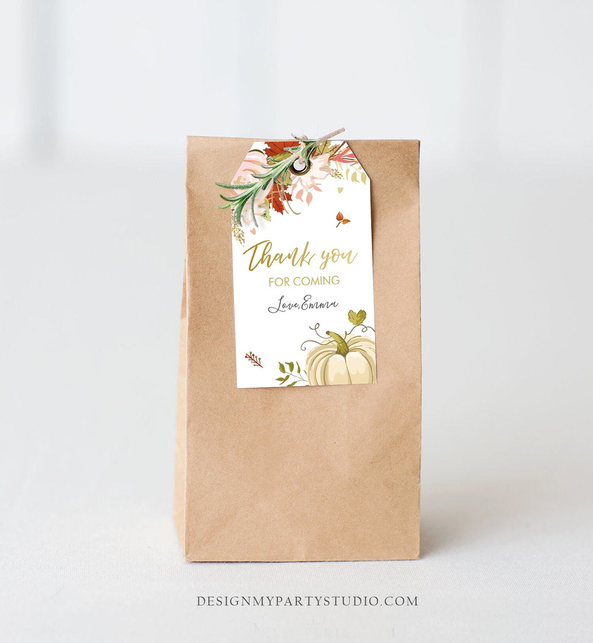 Editable Pumpkin Favor Tags Thank You Tag Fall In Love Bridal Shower Autumn Floral Flowers Pink Gold Orange Rustic Corjl Template 0176