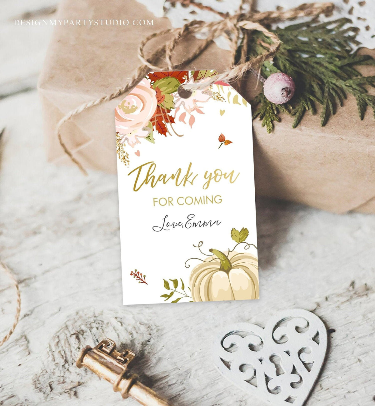 Editable Pumpkin Favor Tags Thank You Tag Fall In Love Bridal Shower Autumn Floral Flowers Pink Gold Orange Rustic Corjl Template 0176