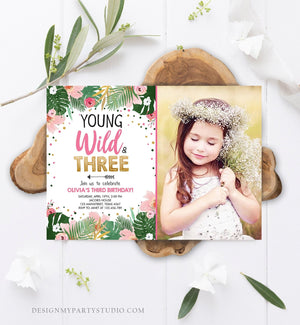 Editable Young Wild and Three Birthday Invitation Animals Invite Party Jungle Safari Pink Gold Download Printable Template Corjl 0332
