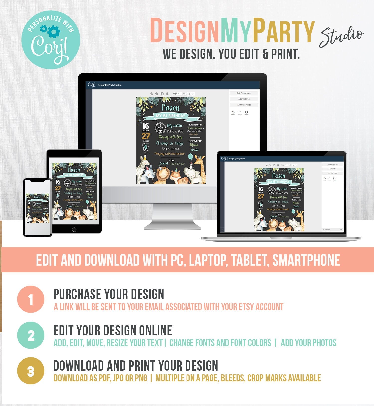 Editable Safari Animals Birthday Milestones Sign Green and Gold Boy Birthday Zoo Jungle 1st Birthday Download Template Printable Corjl 0163