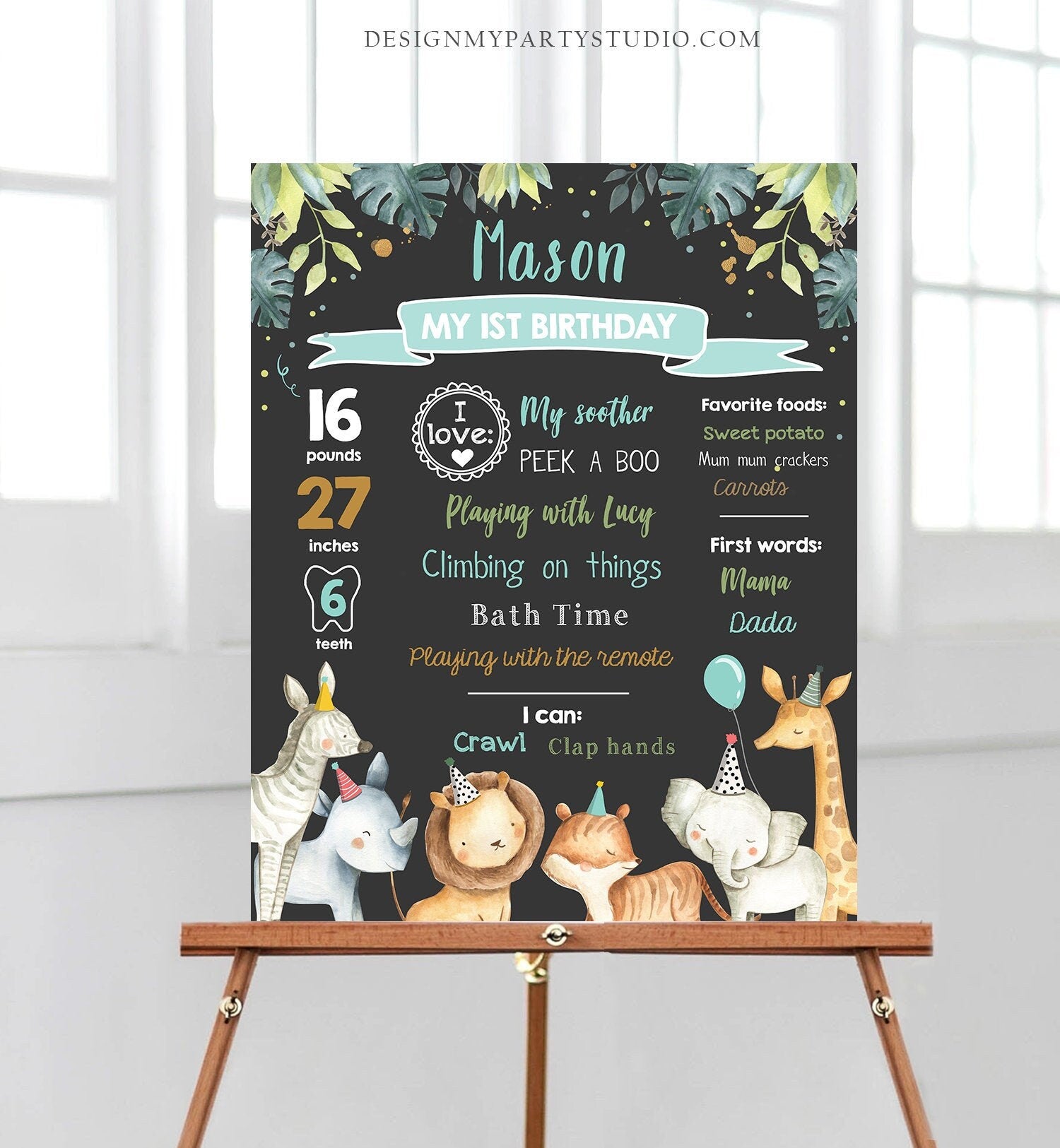 Editable Safari Animals Birthday Milestones Sign Green and Gold Boy Birthday Zoo Jungle 1st Birthday Download Template Printable Corjl 0163