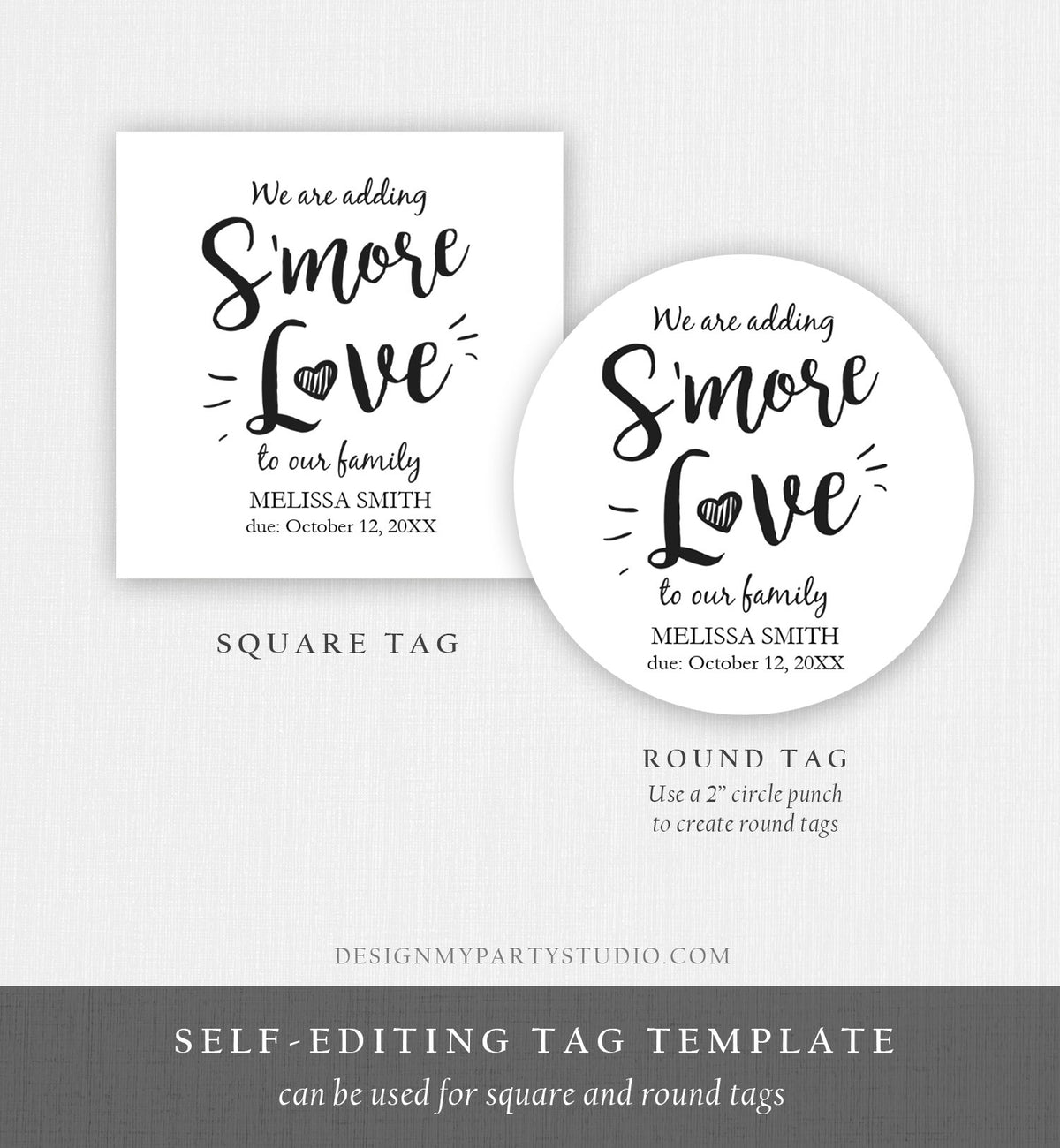 Editable Smore Love Favor Tag We Are Adding S&#39;more Love To Our Family Square Round Baby Shower Favors Download Corjl Template PRINTABLE 0276