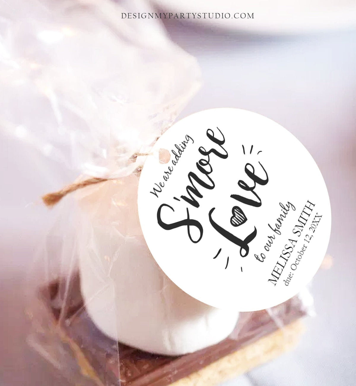 Editable Smore Love Favor Tag We Are Adding S&#39;more Love To Our Family Square Round Baby Shower Favors Download Corjl Template PRINTABLE 0276