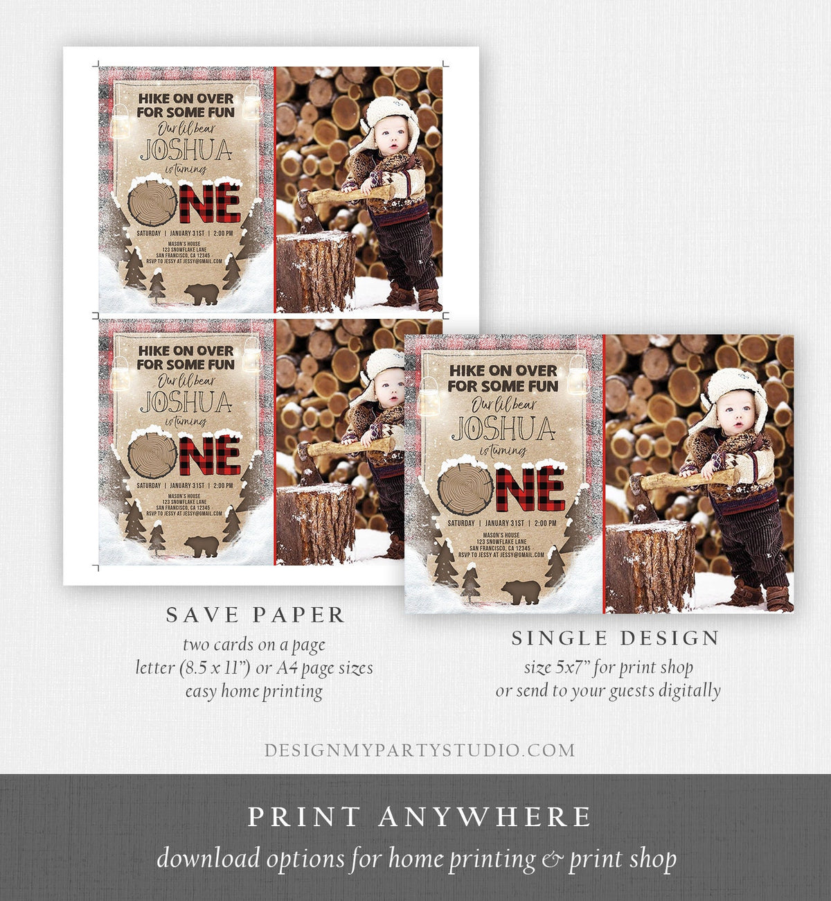 Editable Winter Lumberjack Birthday Invitation Rustic Woodland First Birthday Snow Forest Red Plaid Download Printable Corjl Template 0026