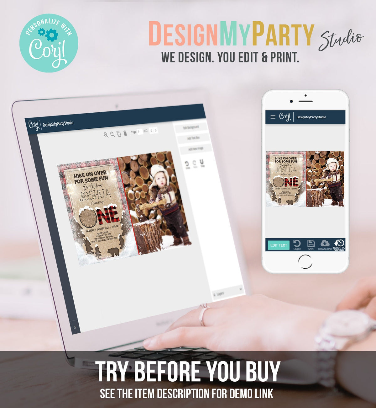 Editable Winter Lumberjack Birthday Invitation Rustic Woodland First Birthday Snow Forest Red Plaid Download Printable Corjl Template 0026