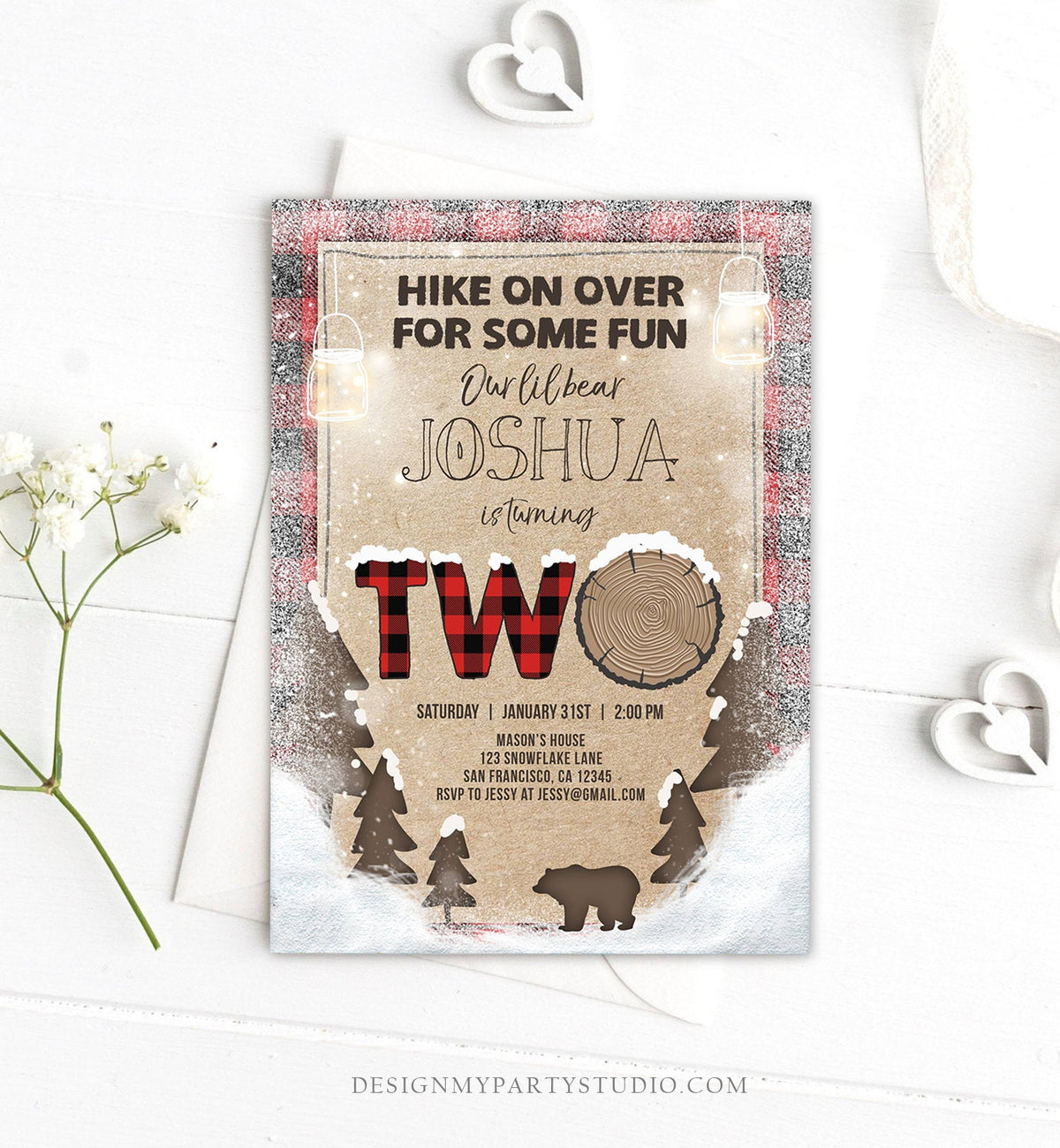 Editable Winter Lumberjack Birthday Invitation Rustic Woodland Second Birthday Snow Forest Red Plaid Download Printable Corjl Template 0026