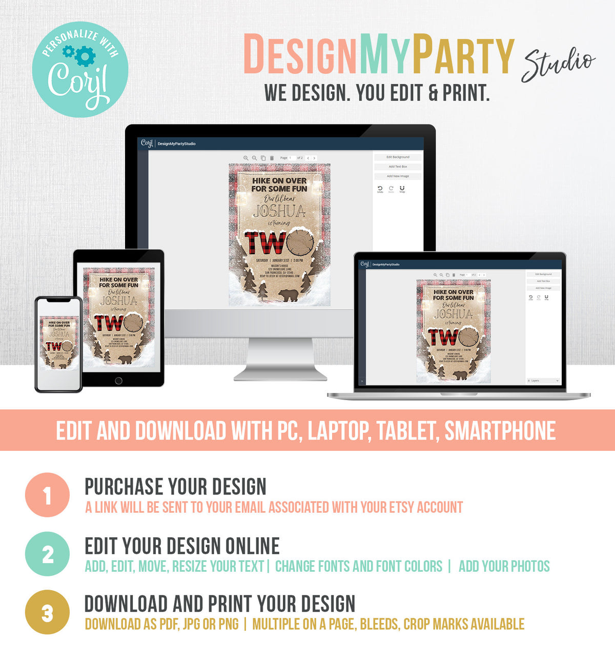 Editable Winter Lumberjack Birthday Invitation Rustic Woodland Second Birthday Snow Forest Red Plaid Download Printable Corjl Template 0026