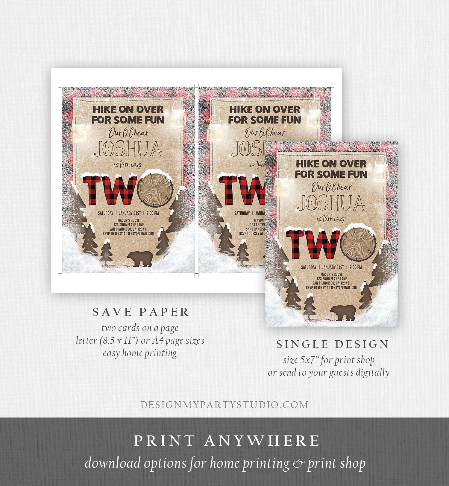 Editable Winter Lumberjack Birthday Invitation Rustic Woodland Second Birthday Snow Forest Red Plaid Download Printable Corjl Template 0026