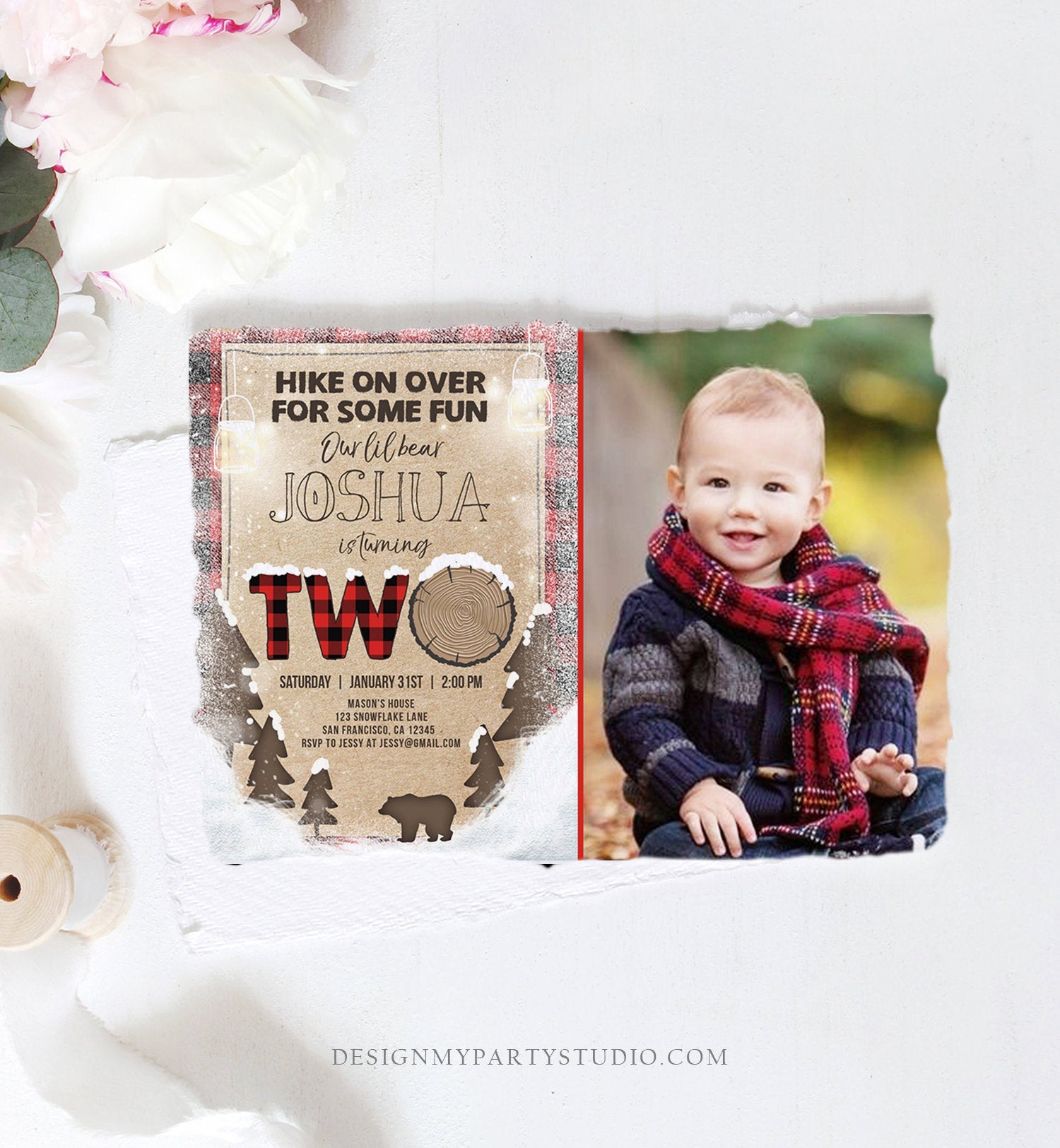 Editable Winter Lumberjack Birthday Invitation Rustic Woodland Second Birthday Snow Forest Red Plaid Download Printable Corjl Template 0026