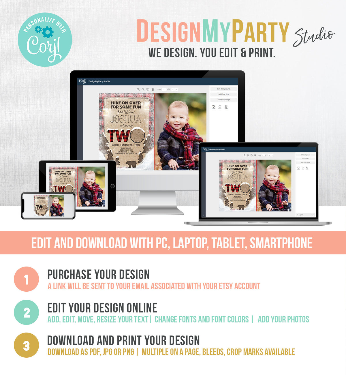 Editable Winter Lumberjack Birthday Invitation Rustic Woodland Second Birthday Snow Forest Red Plaid Download Printable Corjl Template 0026