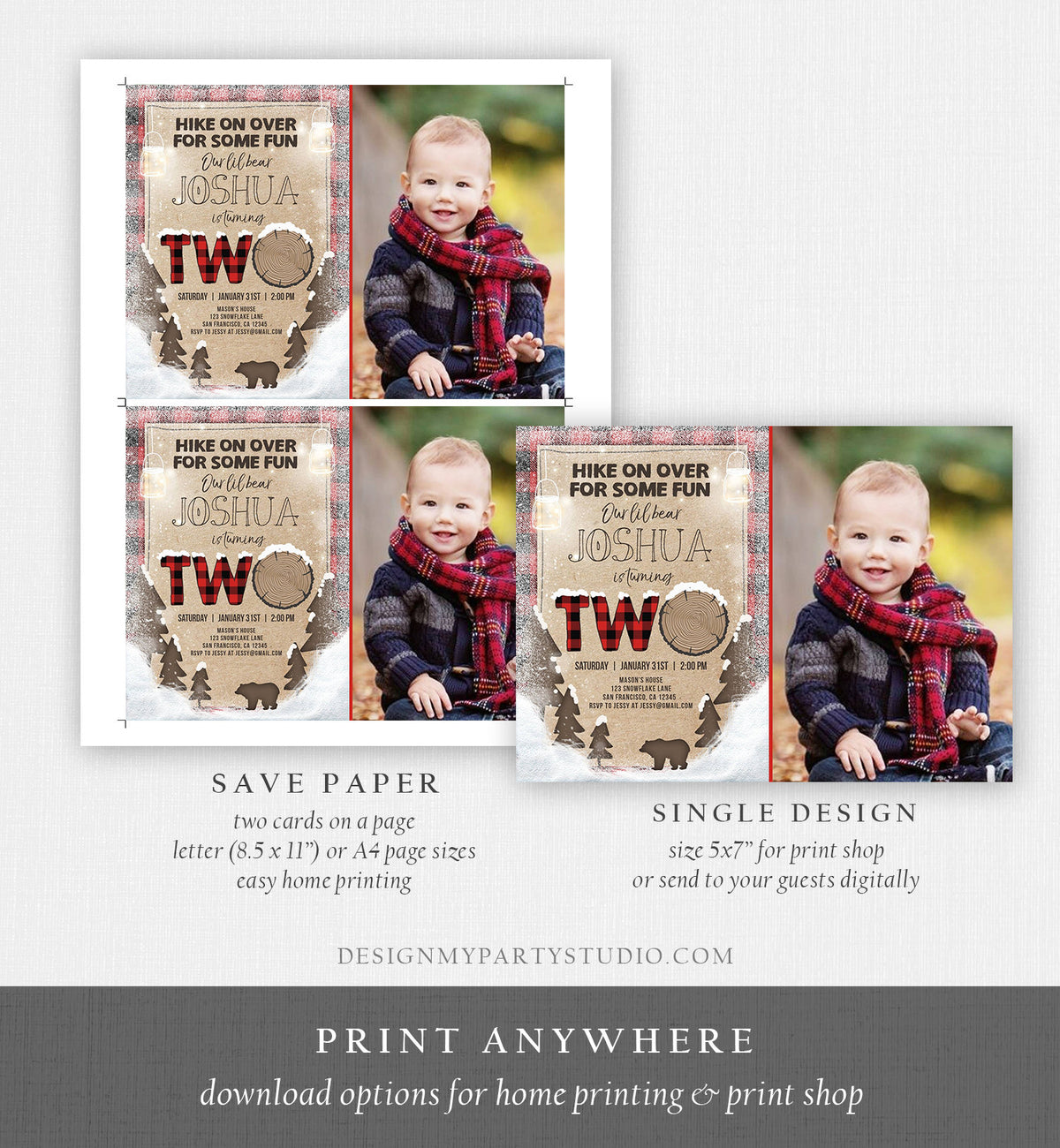 Editable Winter Lumberjack Birthday Invitation Rustic Woodland Second Birthday Snow Forest Red Plaid Download Printable Corjl Template 0026