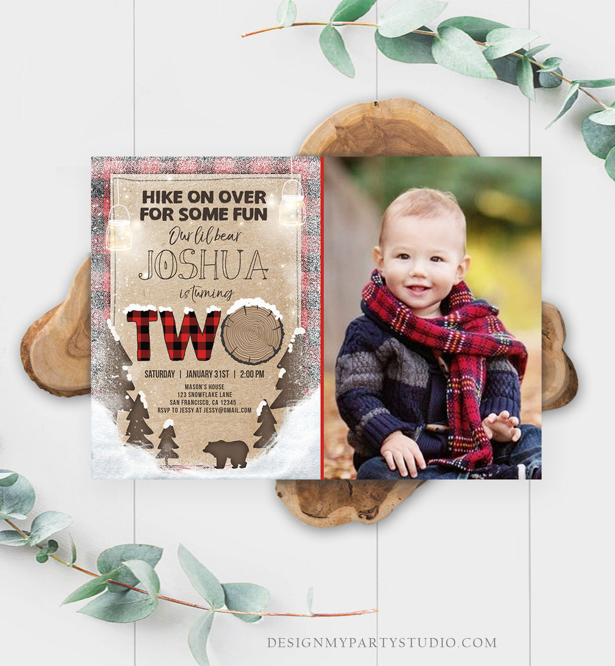 Editable Winter Lumberjack Birthday Invitation Rustic Woodland Second Birthday Snow Forest Red Plaid Download Printable Corjl Template 0026