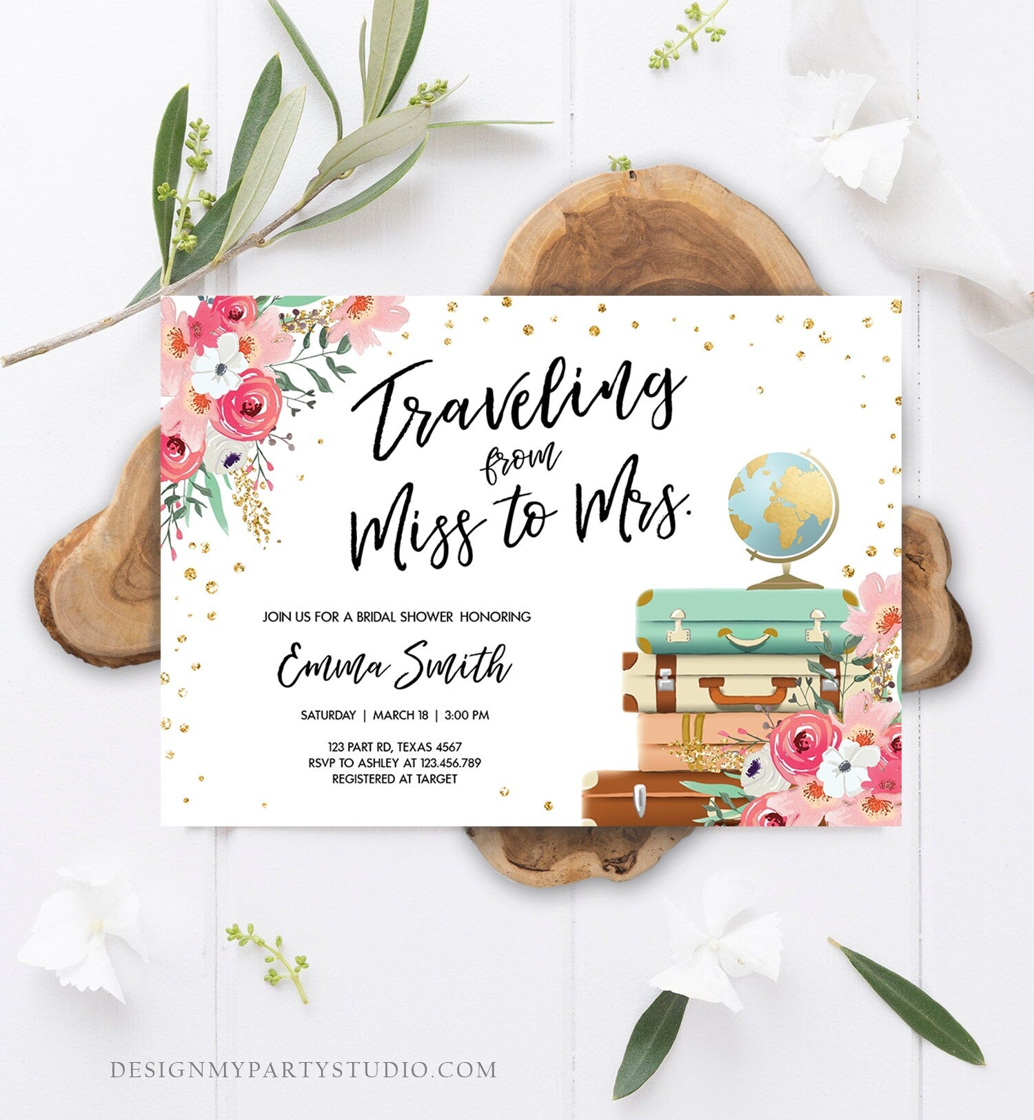 Editable Miss to Mrs Travel Bridal Shower Invitation Flowers Globe Suitcase Gold Confetti Traveling Download Printable Corjl Template 0030