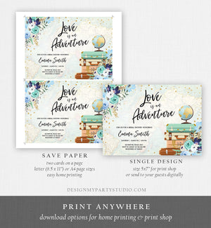 Editable Love is an Adventure Bridal Shower Invitation Miss to Mrs Travel Gold Confetti Blue Floral Suitcases Download Corjl Template 0030
