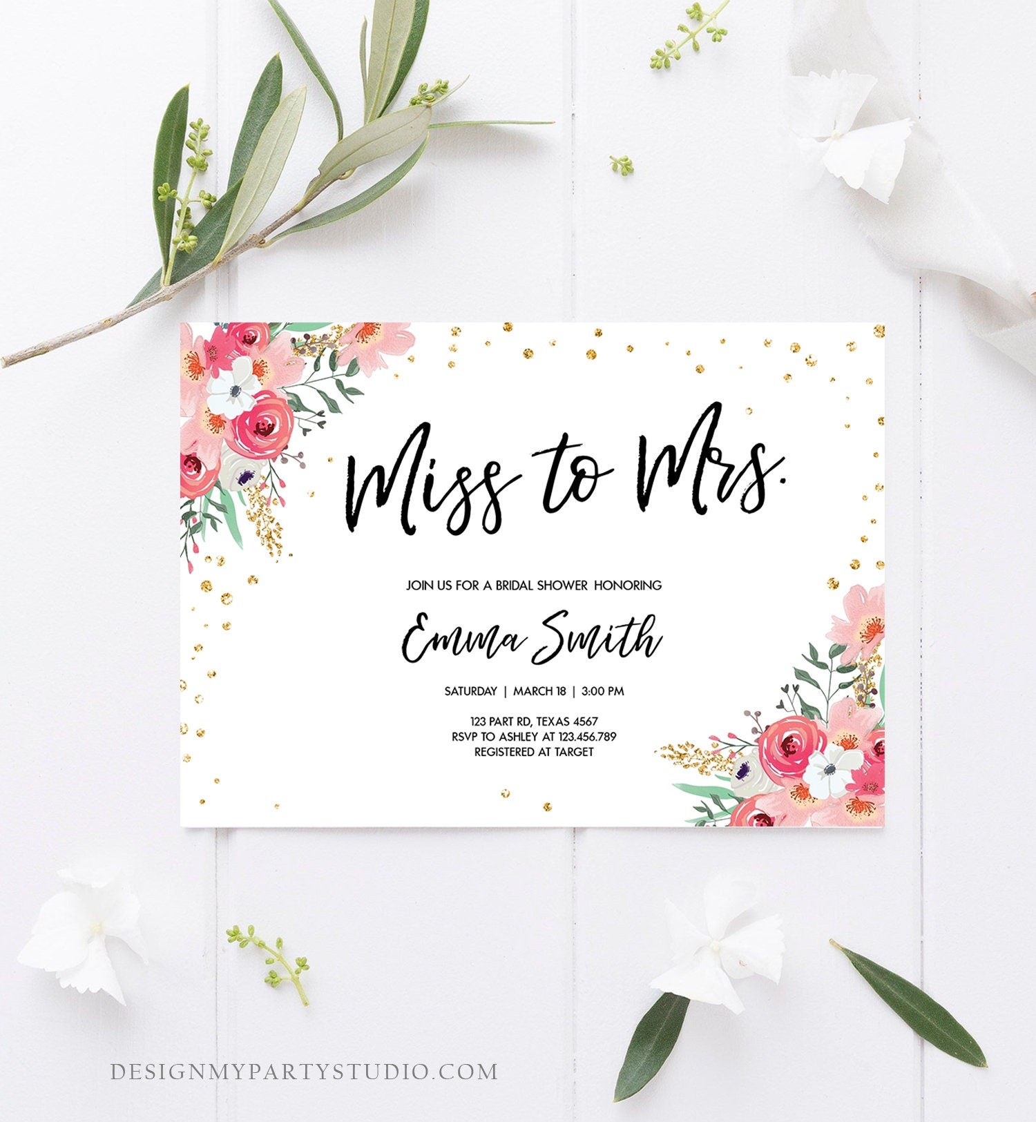 Editable Miss to Mrs Travel Bridal Shower Invitation Flowers Floral Suitcase Gold Confetti Pink Download Printable Corjl Template 0030 0318