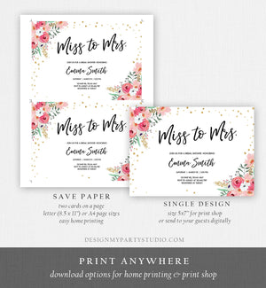 Editable Miss to Mrs Travel Bridal Shower Invitation Flowers Floral Suitcase Gold Confetti Pink Download Printable Corjl Template 0030 0318