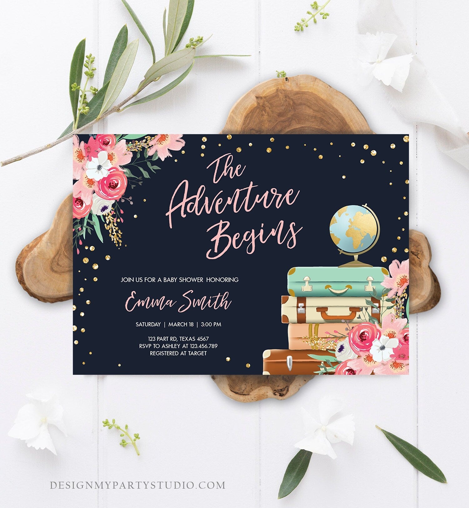 Editable The Adventure Begins Baby Shower Invitation Pink Floral Gold Navy Blue Confetti Suitcases Travel Around World Corjl Template 0030