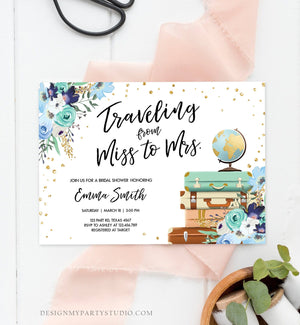 Editable Miss to Mrs Travel Bridal Shower Invitation Flowers Globe Suitcase Gold Confetti Traveling Blue Floral Corjl Template 0030