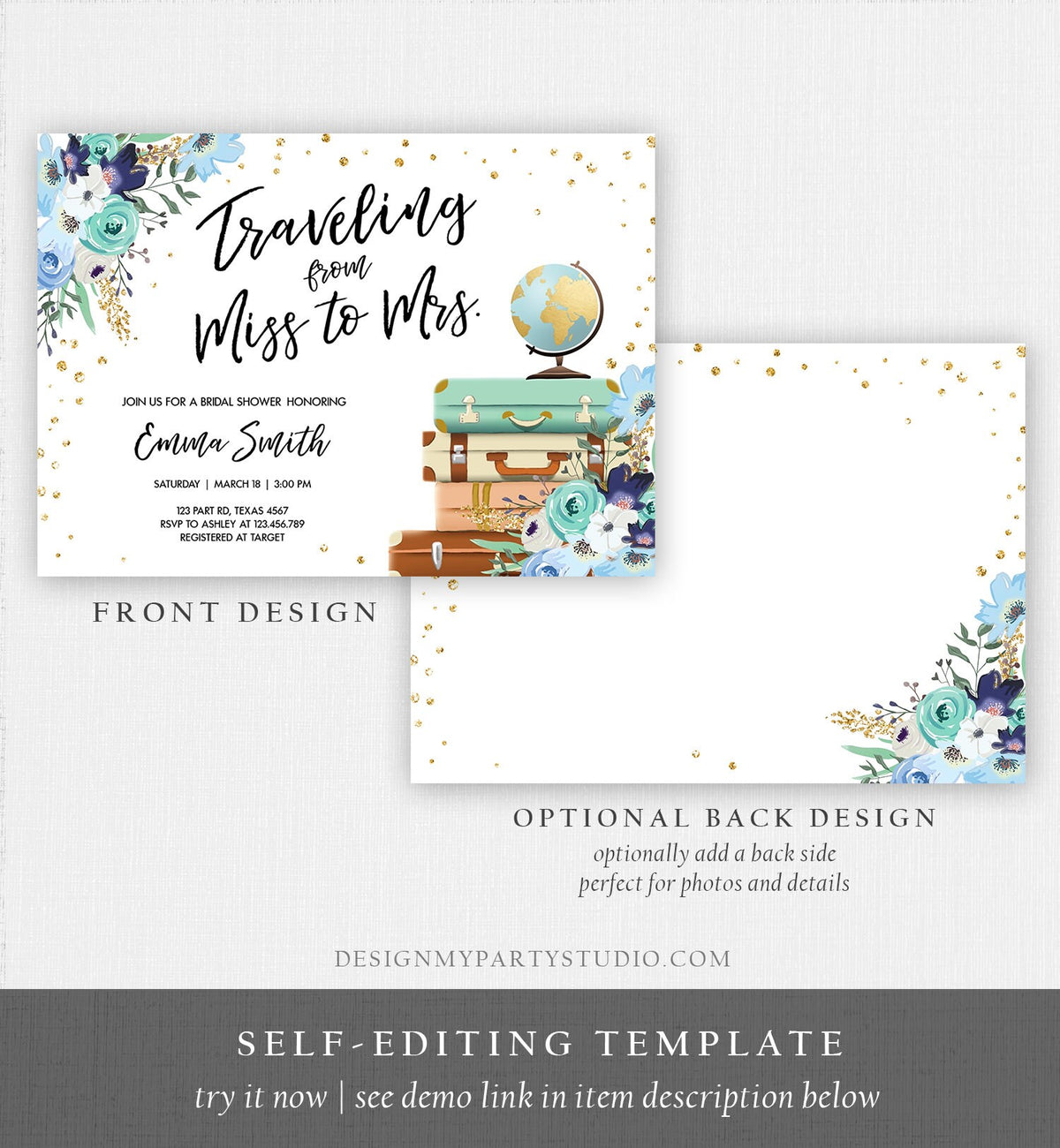 Editable Miss to Mrs Travel Bridal Shower Invitation Flowers Globe Suitcase Gold Confetti Traveling Blue Floral Corjl Template 0030
