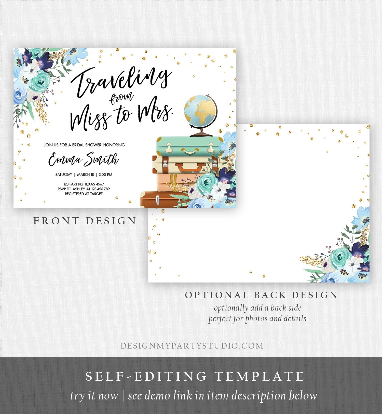 Editable Miss to Mrs Travel Bridal Shower Invitation Flowers Globe Suitcase Gold Confetti Traveling Blue Floral Corjl Template 0030