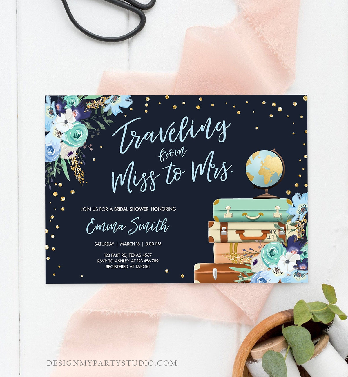 Editable Miss to Mrs Travel Bridal Shower Invitation Flowers Globe Suitcase Gold Confetti Traveling Navy Blue Floral Corjl Template 0030