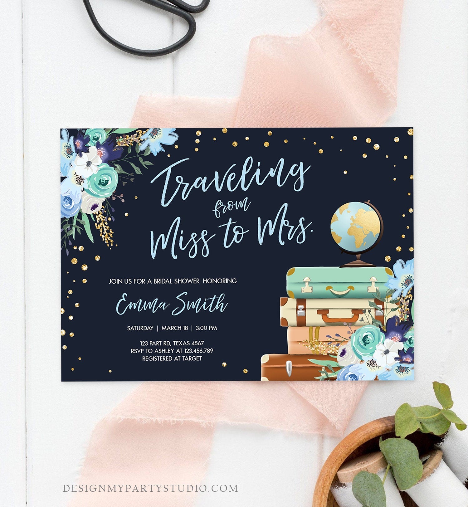 Editable Miss to Mrs Travel Bridal Shower Invitation Flowers Globe Suitcase Gold Confetti Traveling Navy Blue Floral Corjl Template 0030
