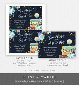 Editable Miss to Mrs Travel Bridal Shower Invitation Flowers Globe Suitcase Gold Confetti Traveling Navy Blue Floral Corjl Template 0030