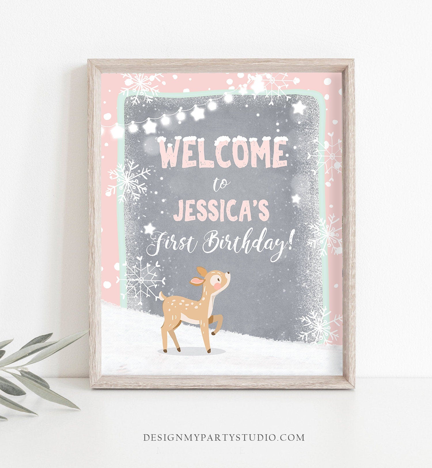 Editable Winter Birthday Welcome Sign Winter Welcome Winter Onederland Girl Pink Deer Woodland Snowflakes Template PRINTABLE Corjl 0109