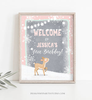 Editable Winter Birthday Welcome Sign Winter Welcome Winter Onederland Girl Pink Deer Woodland Snowflakes Template PRINTABLE Corjl 0109