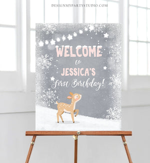 Editable Winter Birthday Welcome Sign Winter Onederland Decorations Girl Pink Deer Woodland Snowflakes Snow Template PRINTABLE Corjl 0109
