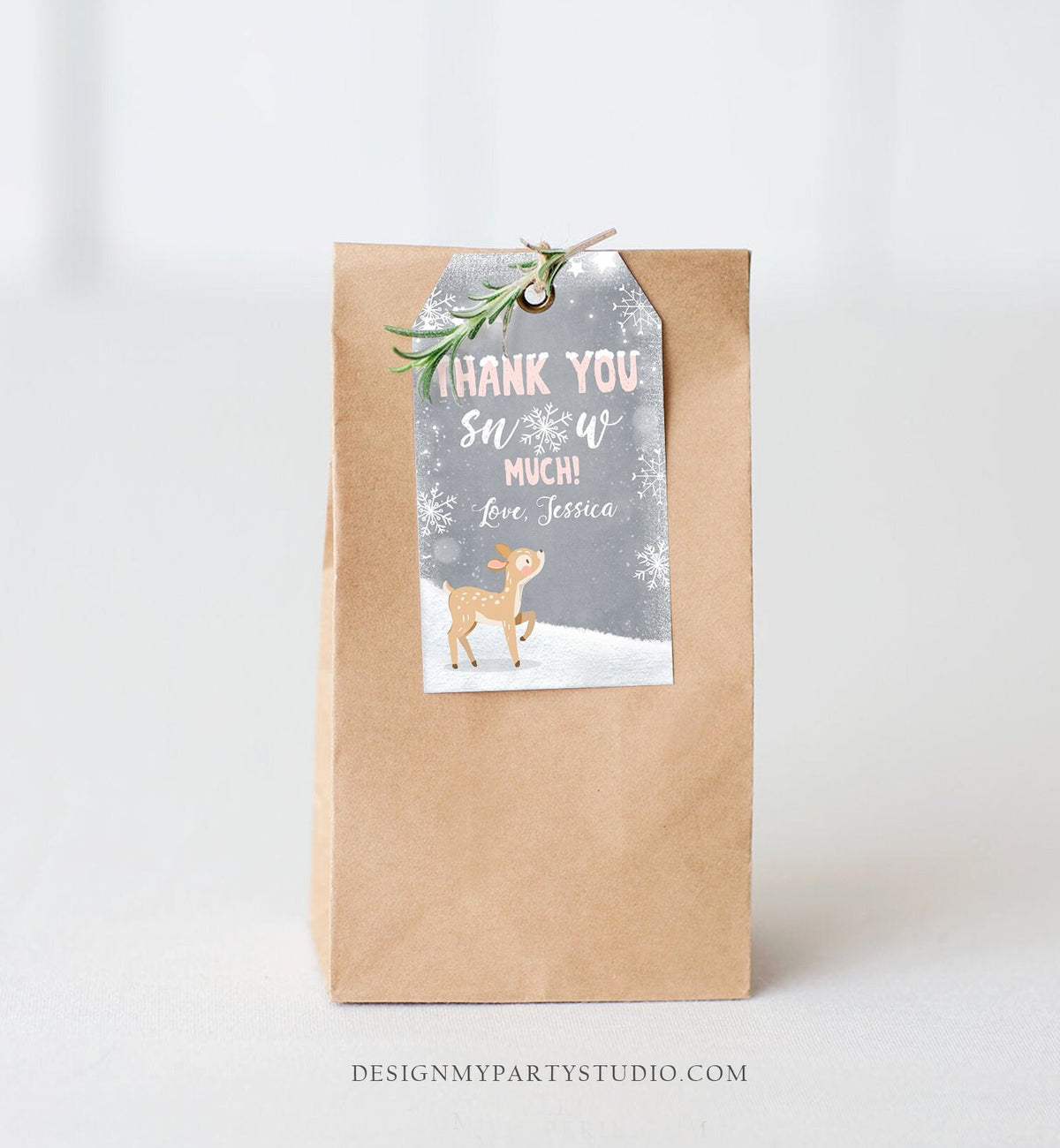 Editable Winter Birthday Favor Tags Pink Girl Snowflakes Thank You Snow much Winter Onederland Deer Shower Template PRINTABLE Corjl 0109