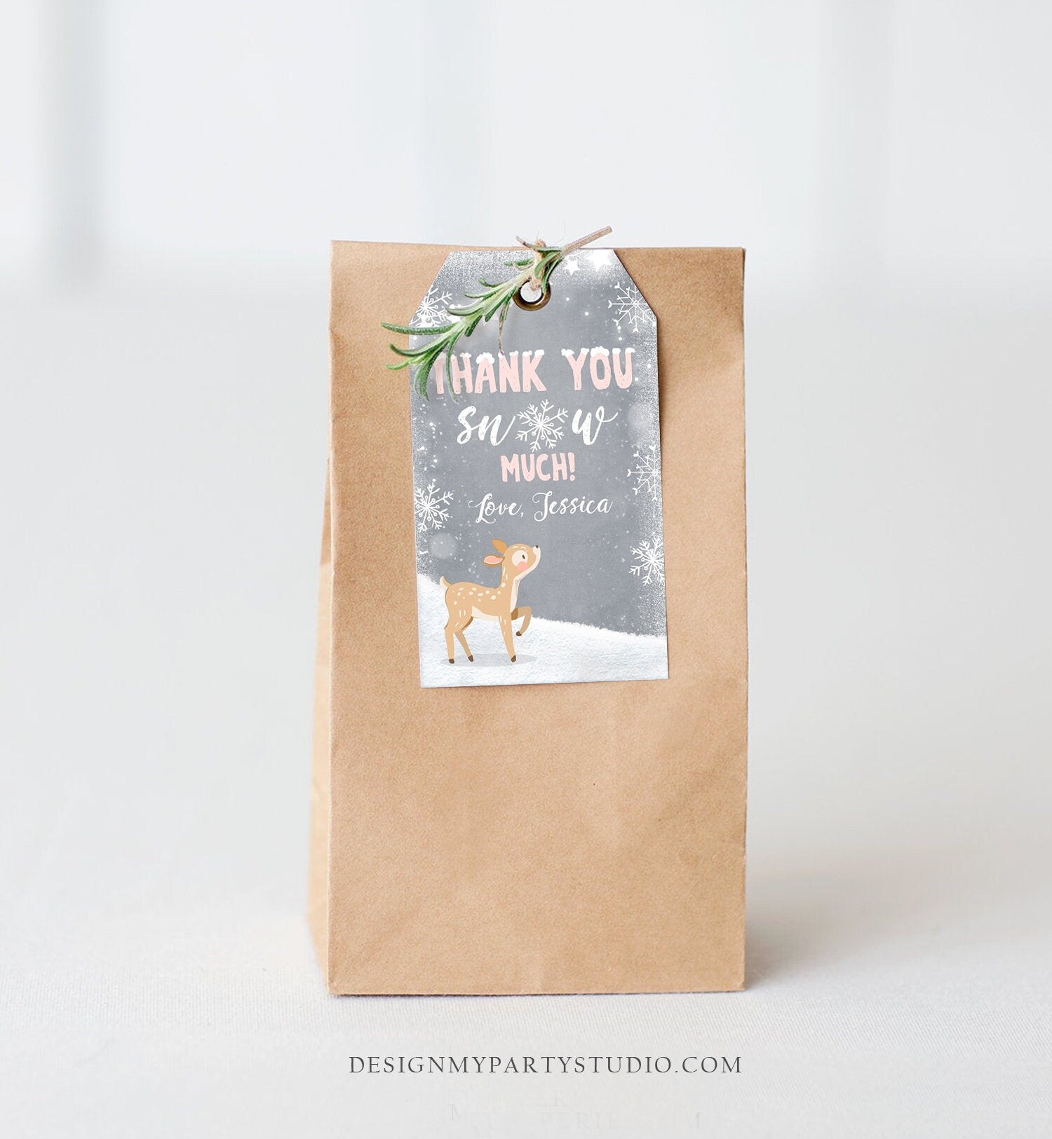 Editable Winter Birthday Favor Tags Pink Girl Snowflakes Thank You Snow much Winter Onederland Deer Shower Template PRINTABLE Corjl 0109
