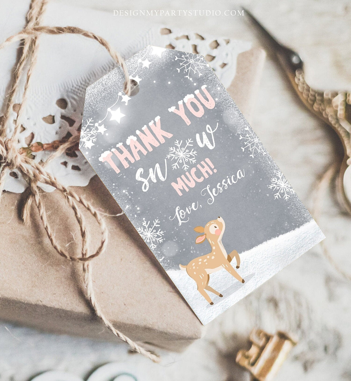 Editable Winter Birthday Favor Tags Pink Girl Snowflakes Thank You Snow much Winter Onederland Deer Shower Template PRINTABLE Corjl 0109