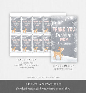 Editable Winter Birthday Favor Tags Pink Girl Snowflakes Thank You Snow much Winter Onederland Deer Shower Template PRINTABLE Corjl 0109