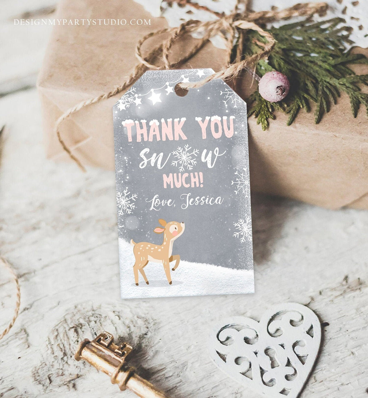 Editable Winter Birthday Favor Tags Pink Girl Snowflakes Thank You Snow much Winter Onederland Deer Shower Template PRINTABLE Corjl 0109