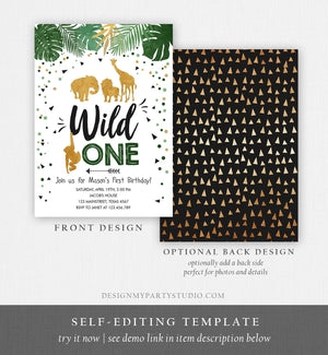 Editable Wild One Birthday Invitation Safari Animals Black Gold Zoo Jungle Wild Animals Party Download Printable Corjl Template Digital 0016