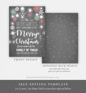 Editable Christmas Pregnancy Announcement Merry Christmas Reveal Family of Three Invitation Baby Arriving Pregnant Printable Corjl Template