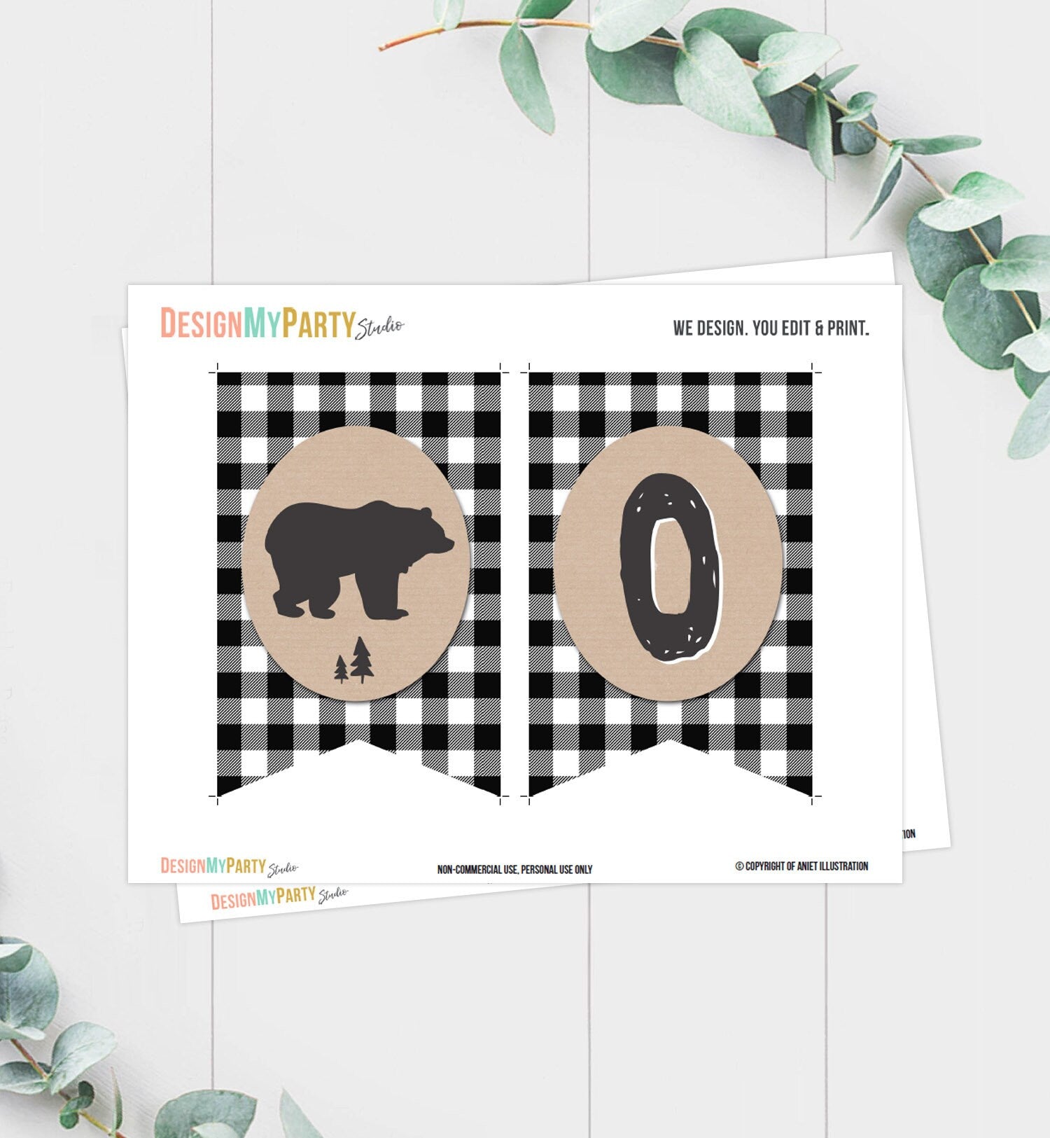 Lumberjack HighChair Banner Birthday Lumberjack Party High Chair Banner ONE Black White Plaid Bear Woodland party decor PRINTABLE 0026