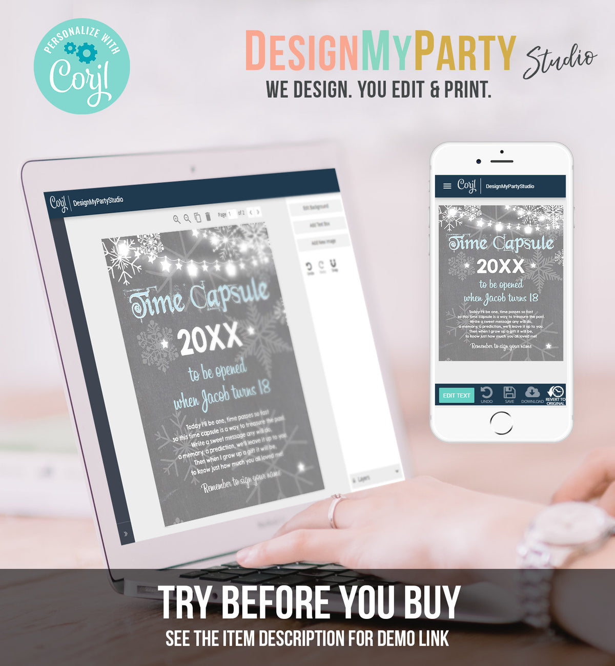 Editable Winter Time Capsule First Birthday Boy Party Game Blue Winter Onederland Guestbook Digital Download Corjl Template Printable 0027