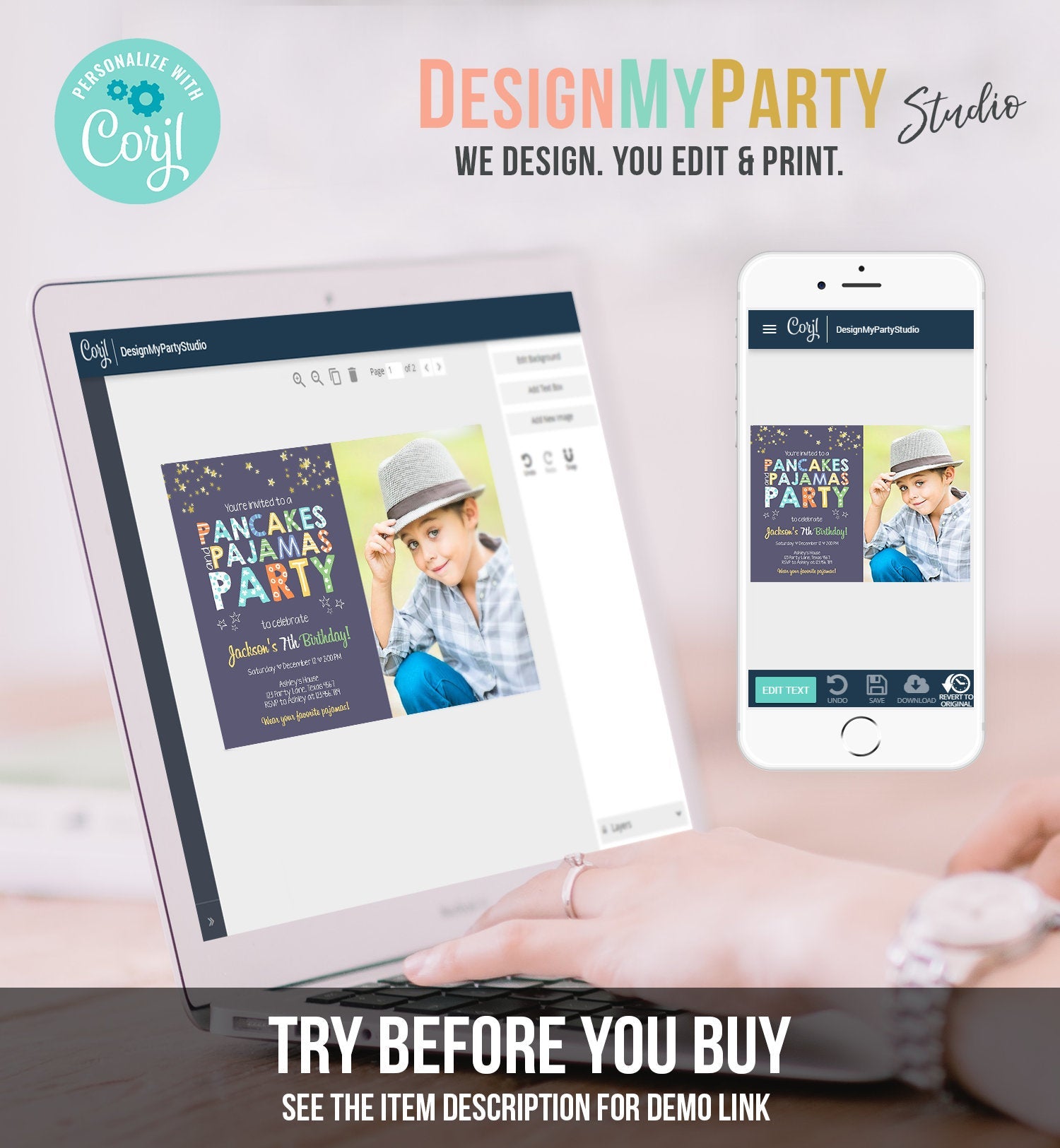 Editable Pancakes and Pajamas Birthday Invitation Movie Night Pancake Party Boy Blue Green Stars Download Corjl Template Printable 0218