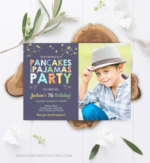 Editable Pancakes and Pajamas Birthday Invitation Movie Night Pancake Party Boy Blue Green Stars Download Corjl Template Printable 0218