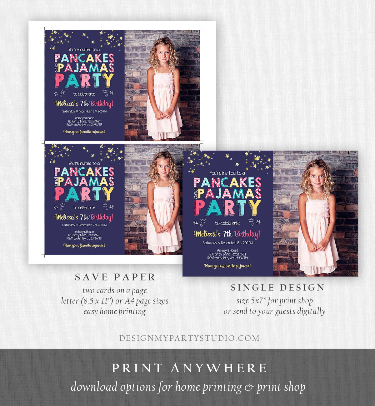 Editable Pancakes and Pajamas Birthday Invitation Movie Night Pancake Party Girl Pink Purple Green Stars Corjl Template Printable 0218