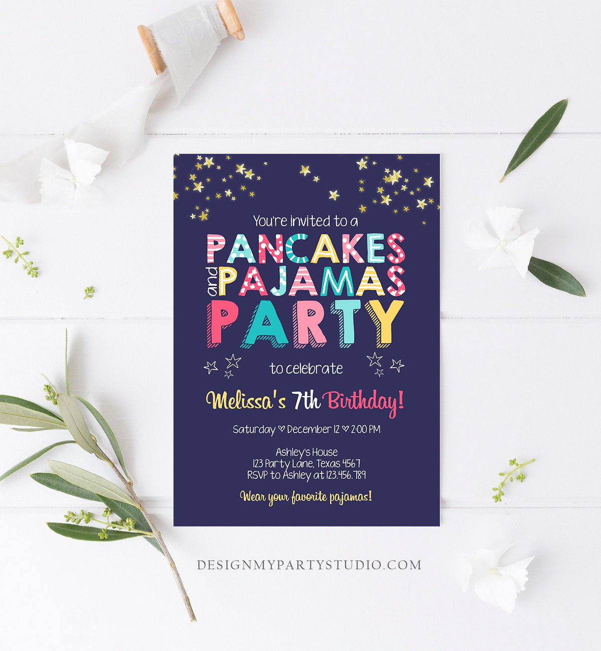 Editable Pancakes and Pajamas Birthday Invitation Movie Night Pancake Party Girl Pink Purple Green Stars Corjl Template Printable 0218