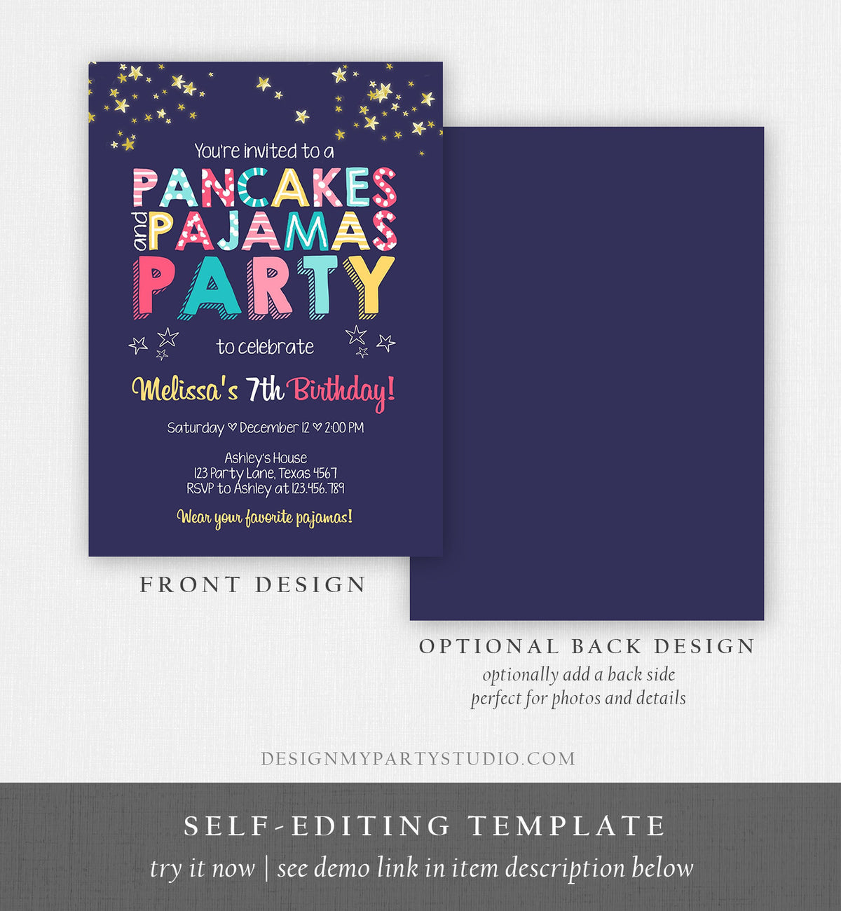 Editable Pancakes and Pajamas Birthday Invitation Movie Night Pancake Party Girl Pink Purple Green Stars Corjl Template Printable 0218