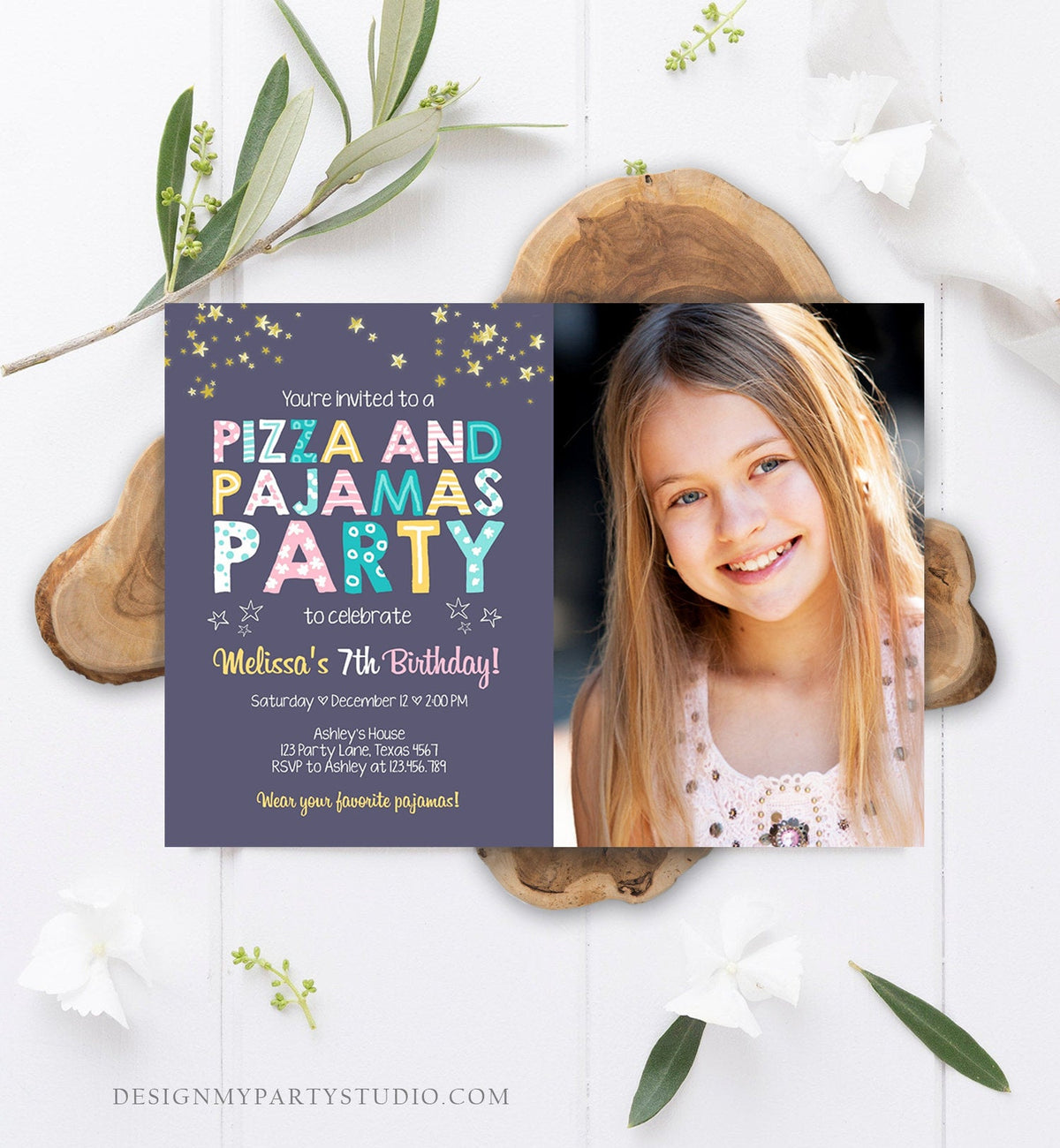 Editable Pizza and Pajamas Birthday Invitation Movie Night Birthday Party Girl Pink Download Printable Corjl Template Digital Printable 0218
